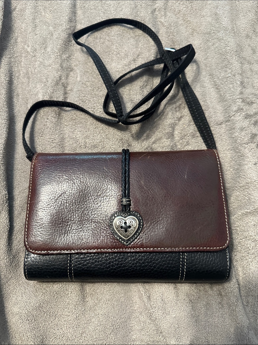 Brighton Brown and Black Leather Crossbody Clutch with Heart Charm